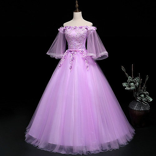 

Ball Gown Luxurious Floral Quinceanera Prom Dress Off Shoulder 3/4 Length Sleeve Floor Length Tulle with Sash / Ribbon Embroidery 2021