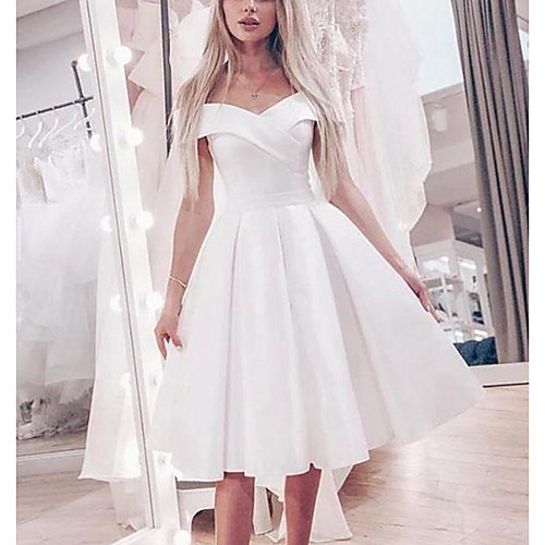 

Princess A-Line Wedding Dresses Off Shoulder Knee Length Satin Short Sleeve Simple Little White Dress Cute with Pleats 2021