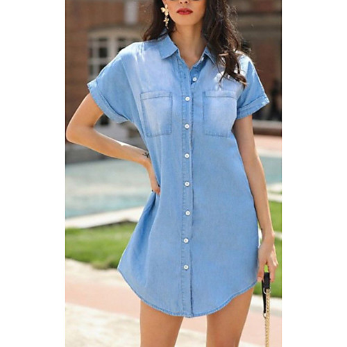 

Women's Denim Dress Short Mini Dress Blue Gray Short Sleeve Solid Color Pocket Summer Shirt Collar Casual 2021 S M L XL XXL