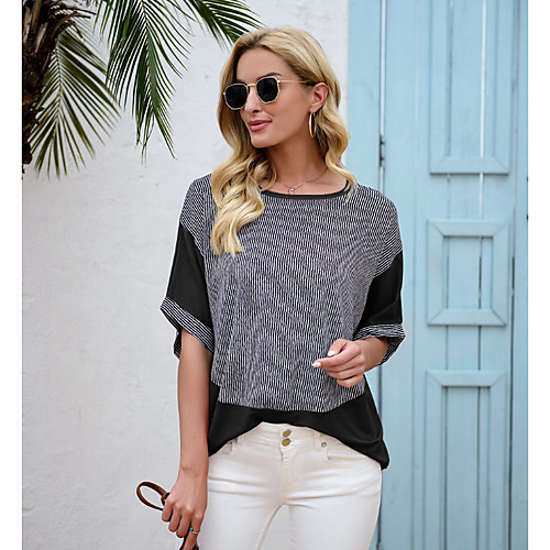 

Women's Plus Size Blouse Striped Patchwork Round Neck Elegant Tops Black Blue Yellow