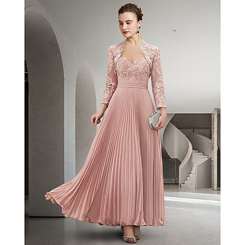

Two Piece A-Line Mother of the Bride Dress Elegant Sweetheart Neckline Floor Length Chiffon Lace Long Sleeve with Pleats Appliques 2021