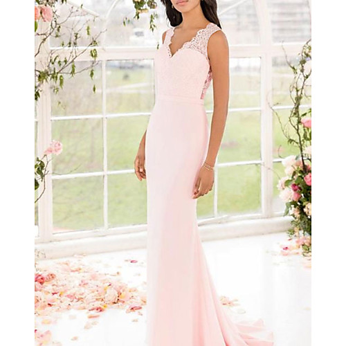 

Mermaid / Trumpet V Neck Floor Length Chiffon / Lace Bridesmaid Dress with