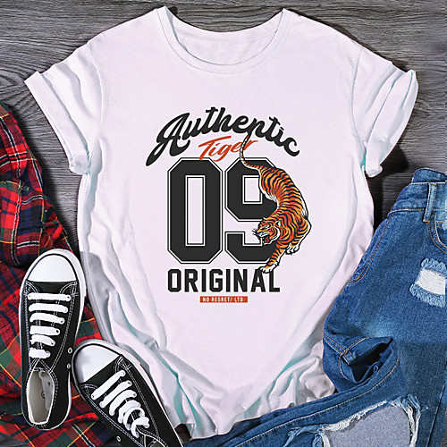 

Women's T shirt Graphic Print Round Neck Tops 100% Cotton Basic Basic Top White Purple Red