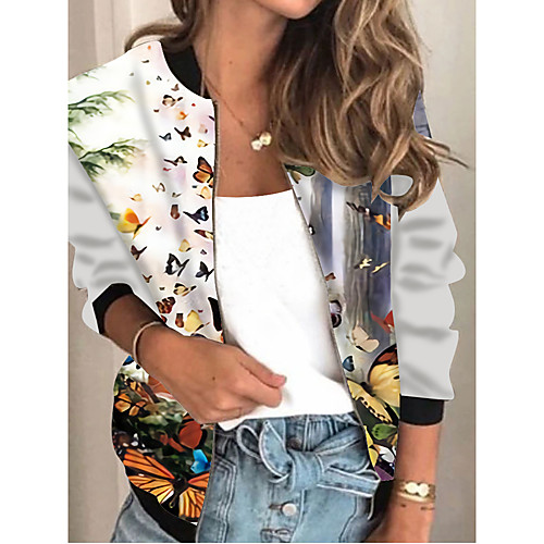 

Women's Jacket Daily Spring & Fall Regular Coat Regular Fit Active Streetwear Jacket Long Sleeve Animal Patterned Print Rainbow / Holiday