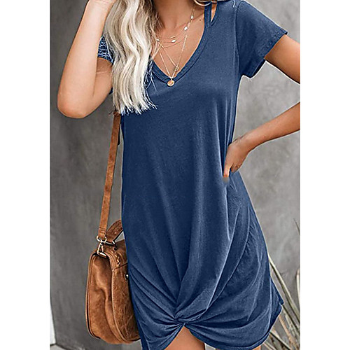 

Women's Sheath Dress Short Mini Dress Blue Gray Dusty Blue Black Short Sleeve Solid Color Summer V Neck Sexy 2021 S M L XL XXL / Cotton / Cotton