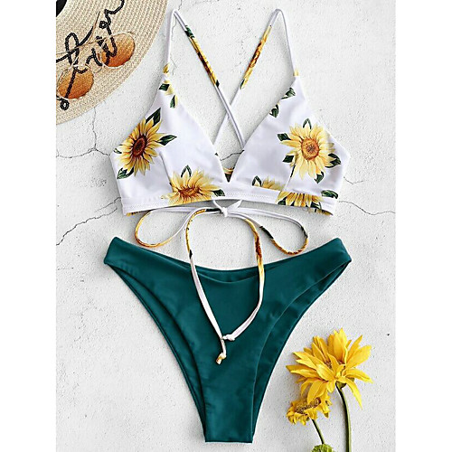

Women's Bikini 2 Piece Swimsuit Strappy Wrap Floral Yellow Green Light Green Swimwear Bathing Suits / Padded Bras