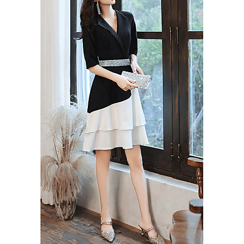 

A-Line Color Block Elegant Cocktail Party Prom Dress V Neck Half Sleeve Short / Mini Stretch Fabric with Sash / Ribbon Tier 2021