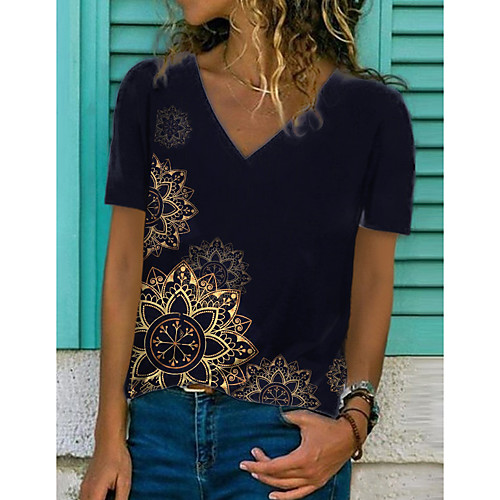 

Women's Floral Theme Painting T shirt Graphic Print V Neck Basic Tops Black