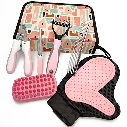

Dog Cat 6PCS Upgraded Dog Grooming Brush and Comb Set Stainless steel Dog Clean Supply Pet Hair Remover Massage Easy to Clean Deshedding Glove Pet Grooming Supplies Pink
