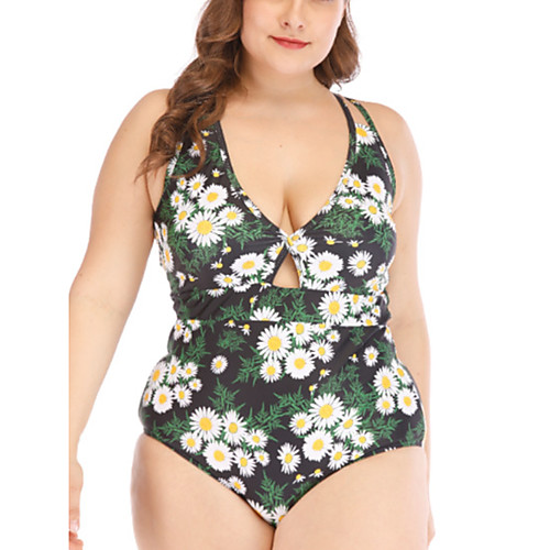 

Women's One Piece Romper Swimsuit Hole Print Floral Solid Color Blue Green Plus Size Swimwear Padded Bodysuit Strap Bathing Suits New Fashion / Padded Bras / Slim