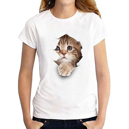 

Women's 3D Cat T shirt Cat Graphic 3D Print Round Neck Basic Tops 100% Cotton White Black