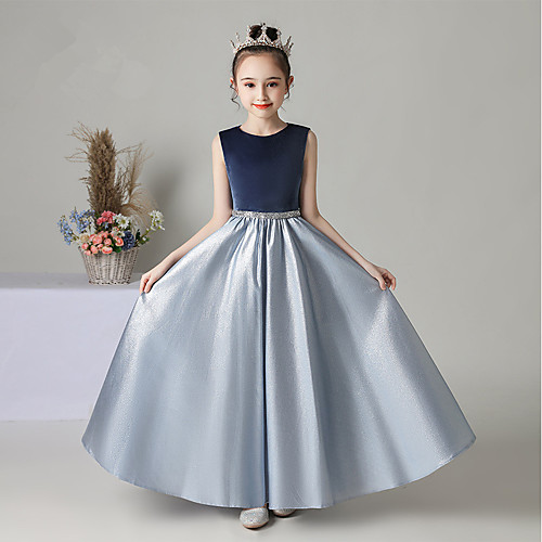 

Princess Floor Length Junior Bridesmaid Dress Party Satin Sleeveless Jewel Neck with Sash / Ribbon