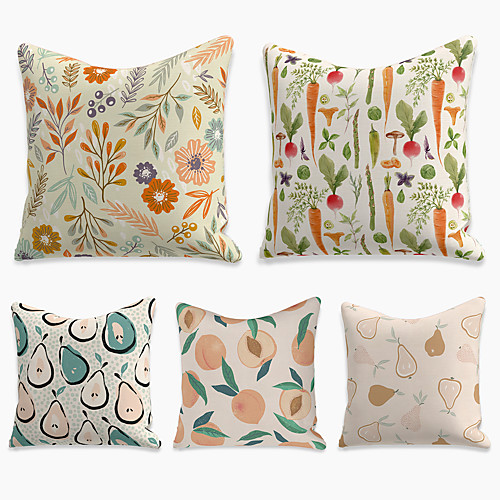 

5 pcs Faux Linen Pillow Cover, Floral&Plants Square Zipper Polyester Traditional Classic