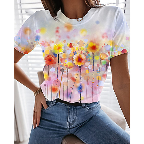 

Women's Going out Floral Theme Painting T shirt Floral Graphic Print Round Neck Basic Tops White