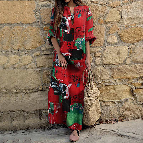 

Women's A Line Dress Maxi long Dress Yellow Green Red Long Sleeve Geometric Patchwork Fall Winter V Neck Elegant Casual Going out Loose 2021 S M L XL XXL 3XL