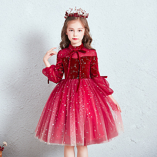 

Princess Knee Length Flower Girl Dresses Birthday Tulle 3/4 Length Sleeve High Neck with Bow(s)
