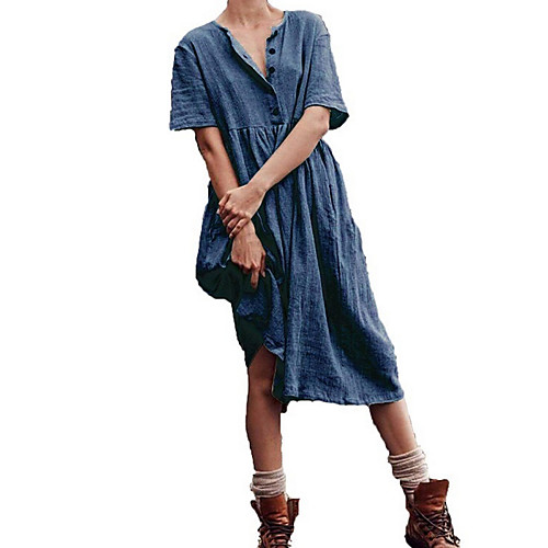 

Women's Shirt Dress Midi Dress Yellow Army Green Khaki Black Navy Blue Short Sleeve Solid Color Summer Casual 2021 S M L XL XXL 3XL 4XL 5XL / Cotton / Cotton