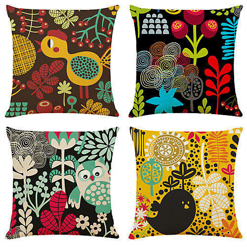

4 pcs Faux Linen Pillow Cover, Cartoon Simple Classic Square Zipper Traditional Classic