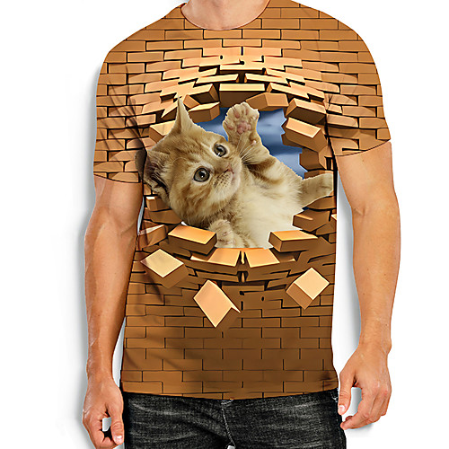 

Men's Tee T shirt Shirt 3D Print Cat Graphic Prints Animal Print Short Sleeve Daily Tops Basic Casual Khaki