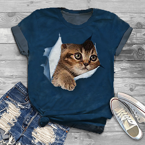 

Women's Plus Size Tops T shirt Cat Graphic Animal Print Short Sleeve Crewneck Blue White Black Big Size XL XXL 3XL 4XL 5XL / Holiday