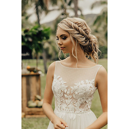 

Sheath / Column Wedding Dresses Jewel Neck Sweep / Brush Train Tulle Sleeveless Country Romantic Beach with Pleats Appliques 2021
