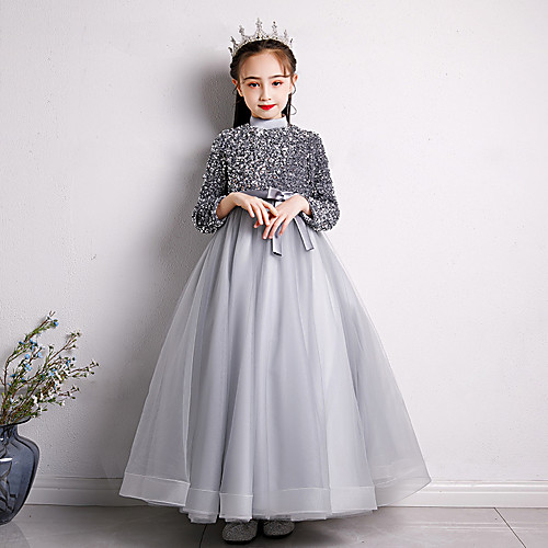 

Princess Floor Length Flower Girl Dresses Formal Evening Tulle Long Sleeve High Neck with Bow(s)