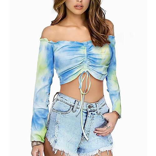

Women's Crop Top Blouse Shirt Tie Dye Long Sleeve Drawstring Off Shoulder Sexy Tops Black and White Blue Brown