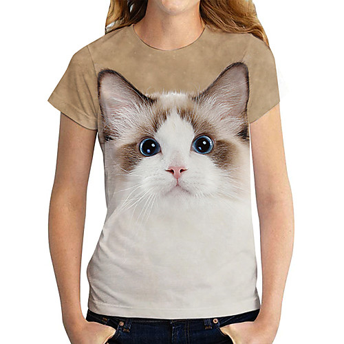 

Women's 3D Cat T shirt Cat Graphic 3D Print Round Neck Basic Tops White