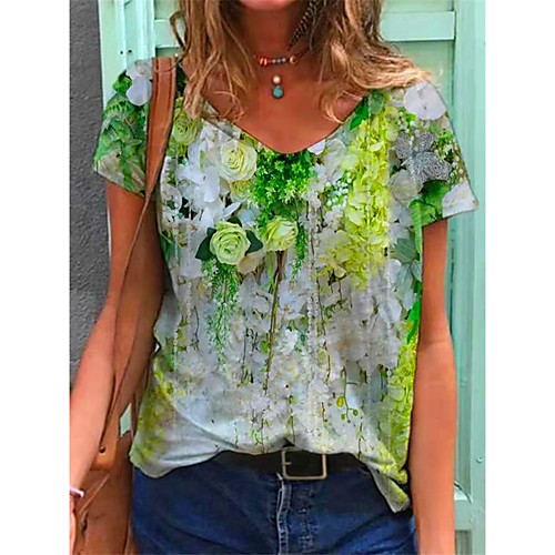 

Women's T shirt Graphic Floral Print V Neck Tops Basic Basic Top Blue Purple Yellow