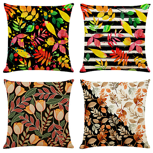 

4 pcs Linen Pillow Cover, Floral&Plants Simple Classic Square Zipper Traditional Classic