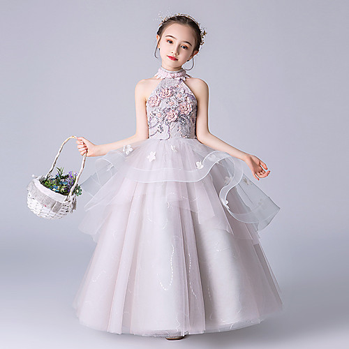 

Princess Floor Length Flower Girl Dresses Wedding Tulle Sleeveless Halter Neck with Beading