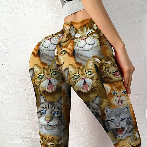 

Women's Colorful Fashion Comfort Skinny Weekend Gym Leggings Pants Cat Color Block Ankle-Length Sporty Elastic Waist Print Yellow