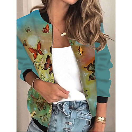 

Women's Jacket Daily Spring & Fall Regular Coat Regular Fit Active Streetwear Jacket Long Sleeve Animal Patterned Print Dusty Blue Light Blue / Holiday