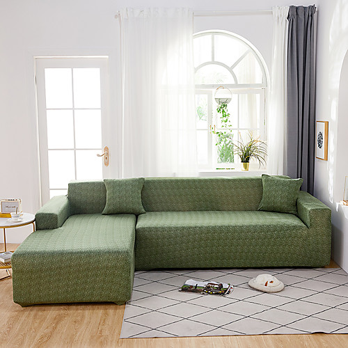 

Sofa Cover Contracted Color Green Print Dustproof Stretch Super Soft Fabric L Shape Sofa (You will Get 1 Throw Pillow Case as free Gift)