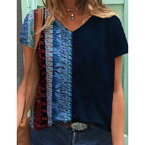 

Women's Abstract Geometric T shirt Striped Color Block Print V Neck Basic Tops Navy Blue
