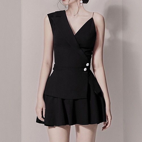 

Two Piece Little Black Dress Elegant Homecoming Cocktail Party Dress V Neck Sleeveless Short / Mini Chiffon with Pleats Pearls 2021