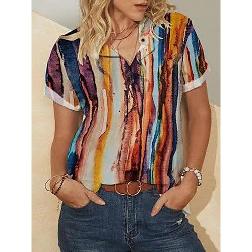 

Women's Blouse Shirt Color Gradient Print Standing Collar Tops Rainbow