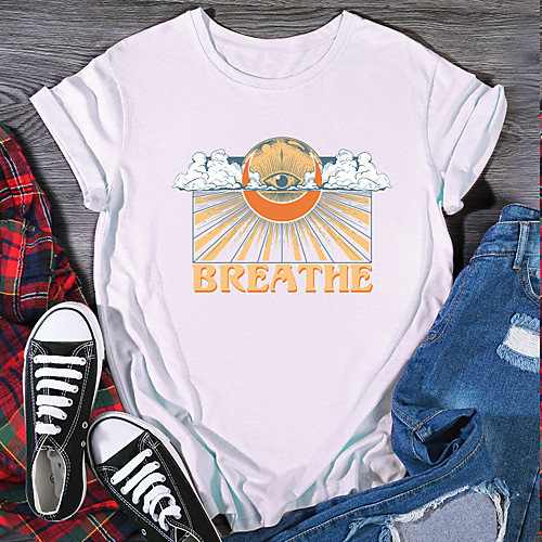 

Women's T shirt Graphic Print Round Neck Tops 100% Cotton Basic Basic Top White Black Purple