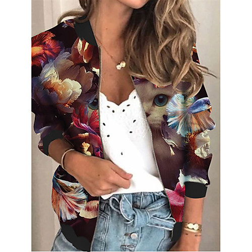 

Women's Jacket Daily Spring & Fall Regular Coat Regular Fit Active Streetwear Jacket Long Sleeve Plants Print Blue Red / Holiday / Beach