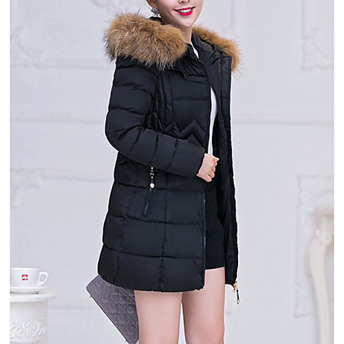 

Women's Puffer Jacket Work Winter Regular Coat Hooded Regular Fit Active Jacket Long Sleeve Solid Colored Fur Trim Wine Army Green / Removable Hood / Lined