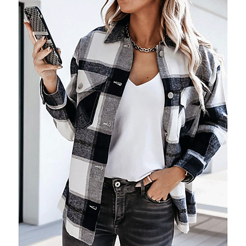 

Women's Jacket Holiday Fall & Winter Regular Coat Shirt Collar Loose Jacket Long Sleeve Geometric Print Pink khaki / Going out / Cotton
