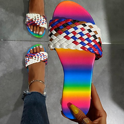 

Women's Sandals Flat Heel Round Toe PU Color Block Black Red Blue