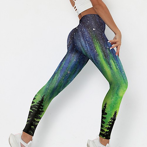 

Women's Stylish Novelty Comfort Skinny Leisure Sports Weekend Leggings Pants Plants Galaxy Ankle-Length Sporty Elastic Waist Print Green