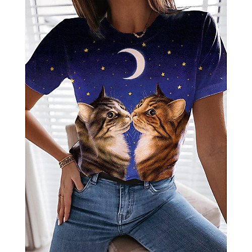 

Women's 3D Cat T shirt Galaxy Cat Graphic Print Round Neck Basic Tops Blue Royal Blue Navy Blue