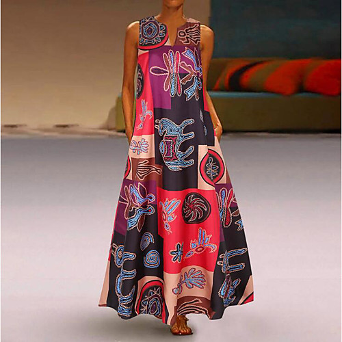 

Women's Swing Dress Maxi long Dress Orange Red Sleeveless Print Print Summer V Neck Elegant Sexy Loose 2021 S M L XL XXL 3XL 4XL 5XL
