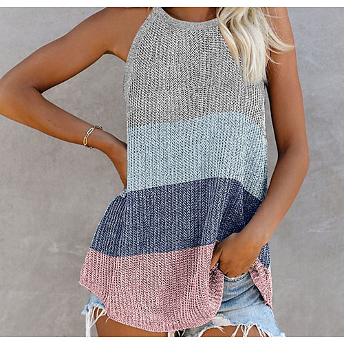 

Women's Stylish Stripe Knitted Color Block Vest Sleeveless Sweater Cardigans Halter Neck Summer Blue Blushing Pink Gray