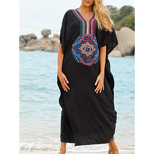

Women's Swimsuit Cover Up Beach Top Swimsuit Embroidery Slim Solid Color Abstract Big black embroidery on the chest Swimwear T shirt Dress Tunic V Wire Bathing Suits New Fashion Sexy