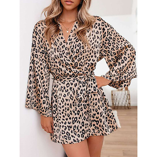 

Women's Shirt Dress Short Mini Dress Black Long Sleeve Print Lace up Print Fall Summer Shirt Collar Elegant Casual 2021 XS S M L