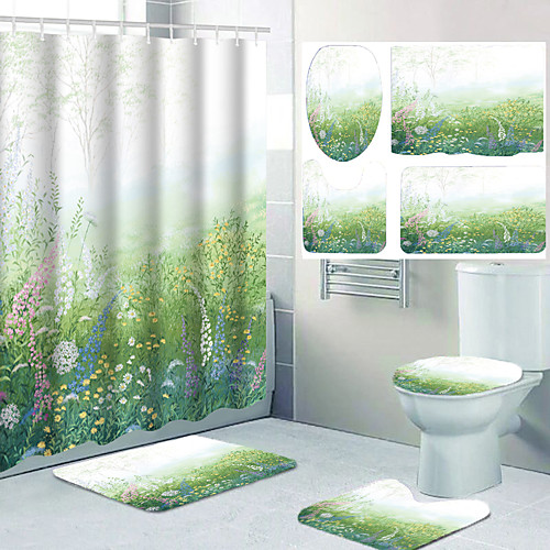 

Four-piece Design of Grassland Wildflower Pattern Printing Bathroom Shower Curtain Leisure Toilet