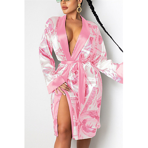 

Women's Trench Coat Holiday Spring & Summer Long Coat V Neck Loose Sexy Streetwear Jacket Long Sleeve Print Patchwork Red print Black print